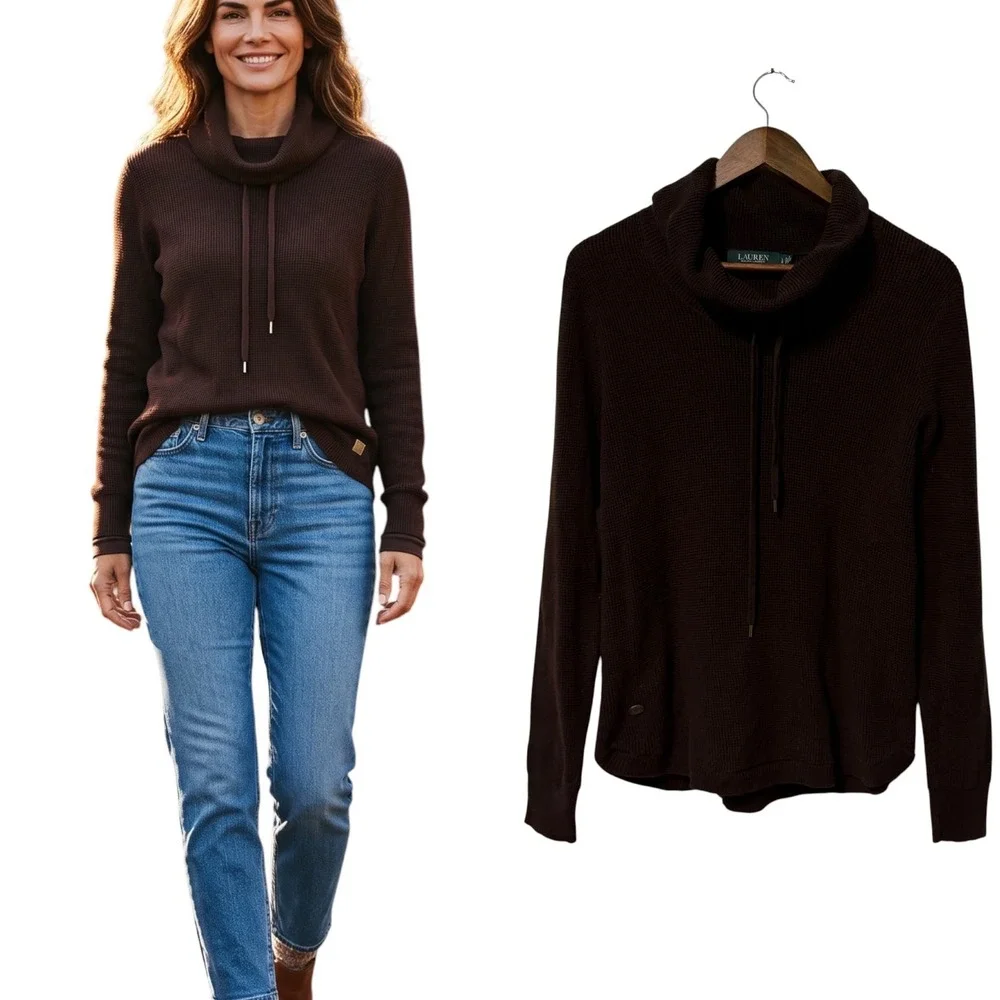 Lauren Ralph Lauren Sweater Top Womens L Brown Cowl Neck Waffle Knit Thermal